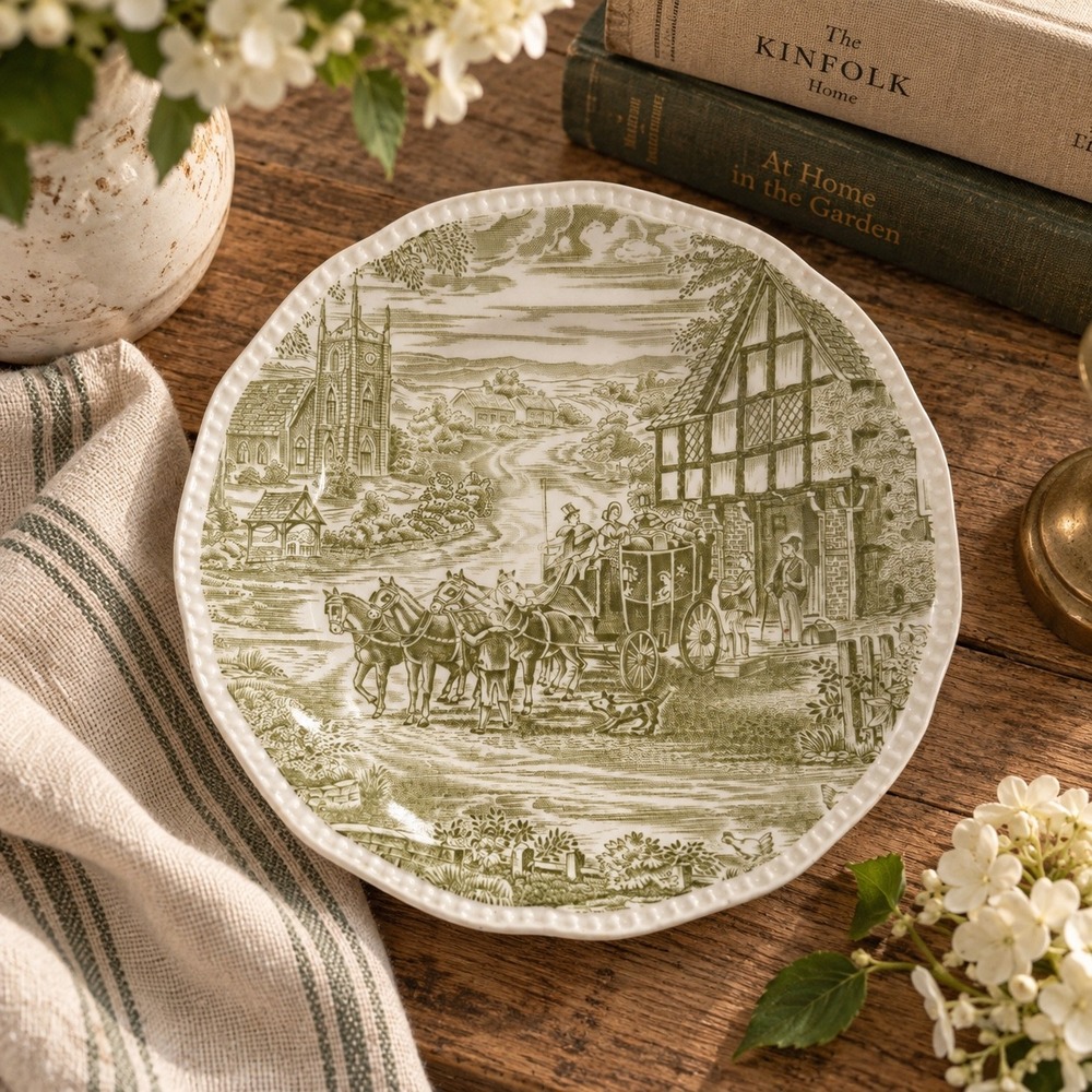 Vintage Kensington Ironstone Green Transferware Coaching Scene Plate 7.75"